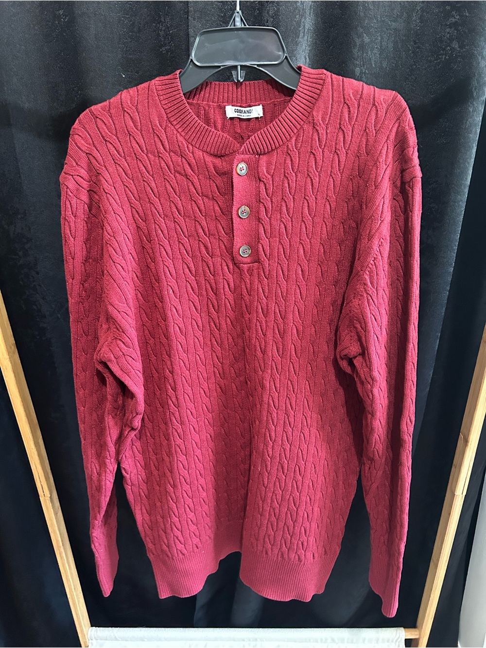 Coofandy Men's Red Cable-Knit Henley Sweater